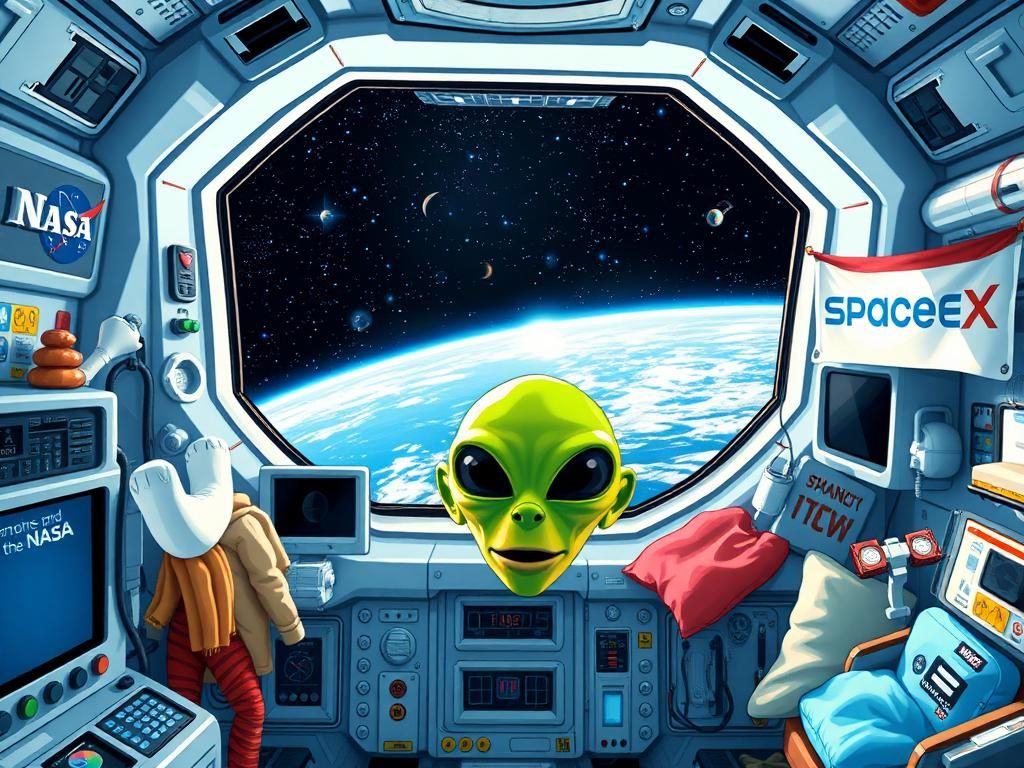 Flick International Alien mask humorously displayed on control panel inside the International Space Station