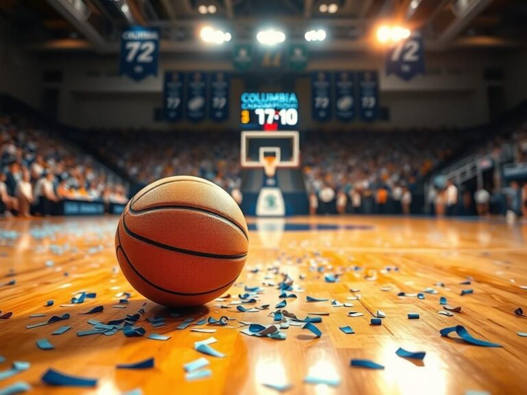 Flick International Close-up of a basketball on a polished hardwood court surrounded by confetti celebrating Columbia Bible College's championship victory