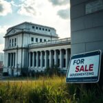 Flick International Faded federal building with crumbling architecture surrounded by overgrown weeds and a vibrant city skyline in the background