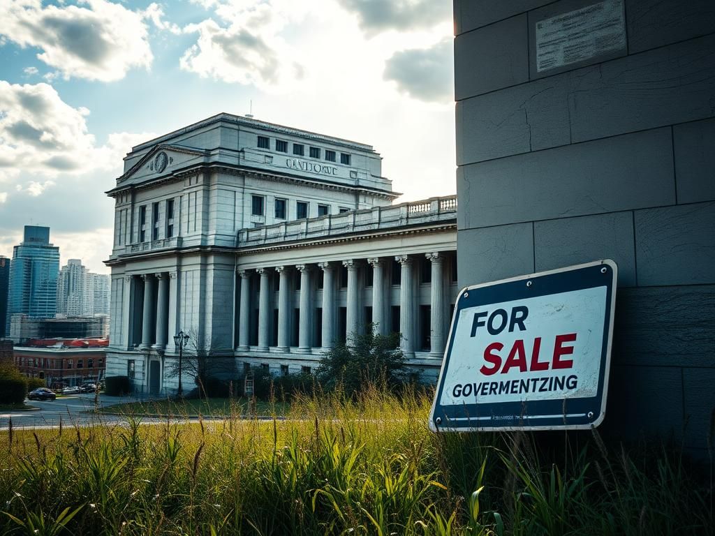 Flick International Faded federal building with crumbling architecture surrounded by overgrown weeds and a vibrant city skyline in the background