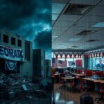 Flick International A split-frame image contrasting a crumbling Democratic Party headquarters with a vibrant Republican Party office