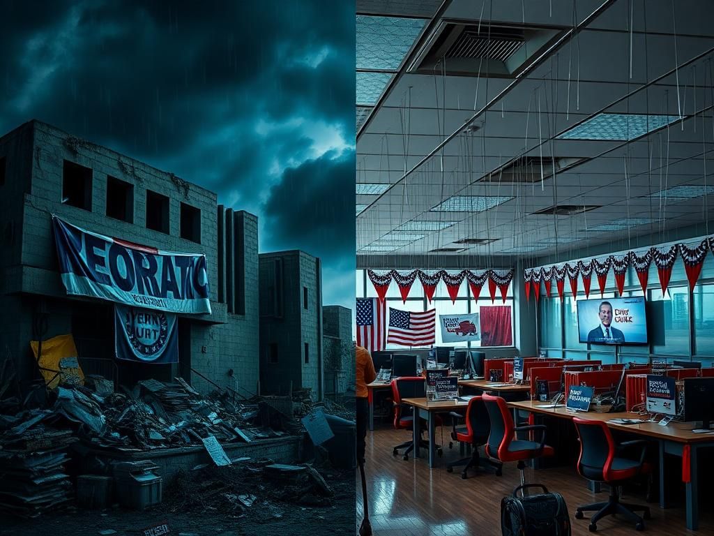 Flick International A split-frame image contrasting a crumbling Democratic Party headquarters with a vibrant Republican Party office