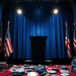 Flick International Dimly lit political debate stage with American flags and empty podium symbolizing the 2028 presidential race