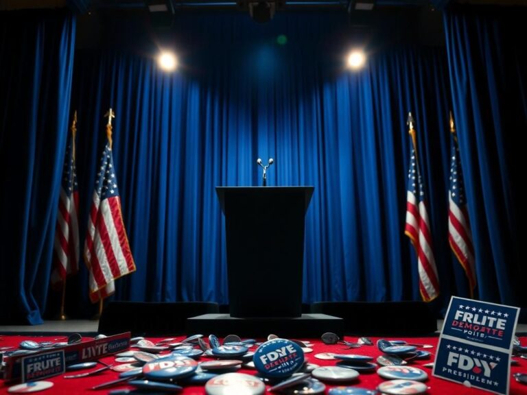 Flick International Dimly lit political debate stage with American flags and empty podium symbolizing the 2028 presidential race