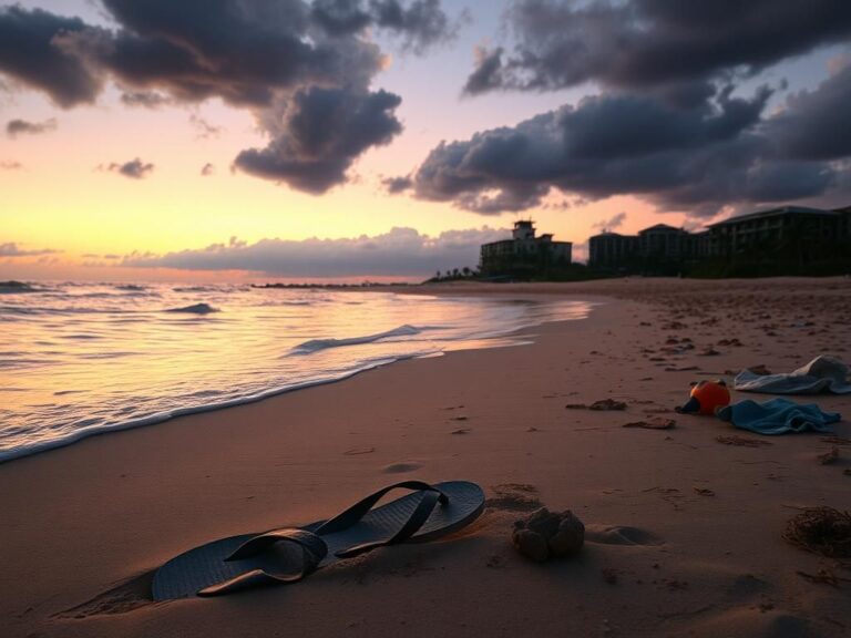 Flick International Abandoned flip-flops on a beach at dusk, symbolizing a sudden disappearance