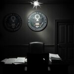 Flick International Somber office space with U.S. government seal and cluttered desk symbolizing executive order actions