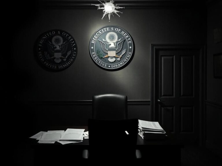 Flick International Somber office space with U.S. government seal and cluttered desk symbolizing executive order actions