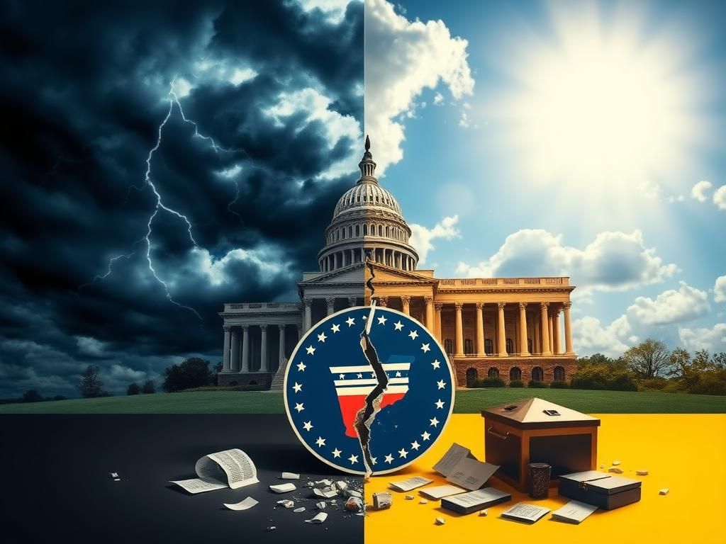 Flick International A visual representation of political tension within the Democratic Party, featuring a split scene of stormy skies over the Capitol and a bright sunny atmosphere symbolizing hope.