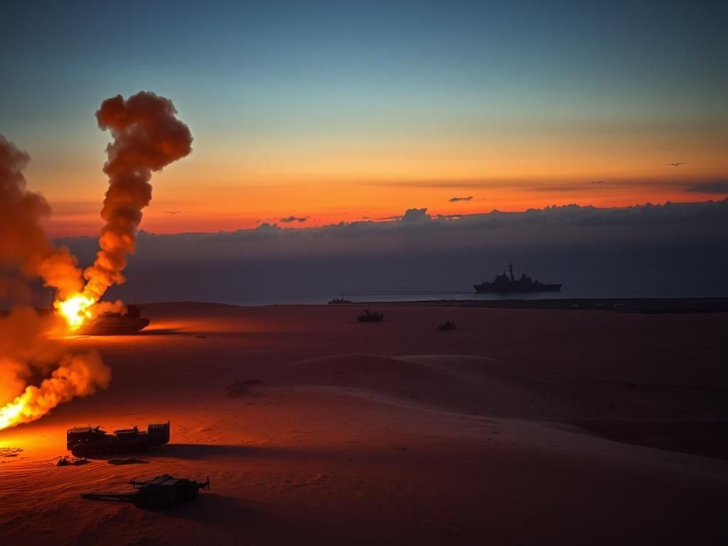 Flick International Aerial view of a desert landscape in Yemen with smoke from military explosions