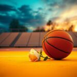 Flick International A basketball court illuminated by soft light with a basketball and a white rose symbolizing resilience