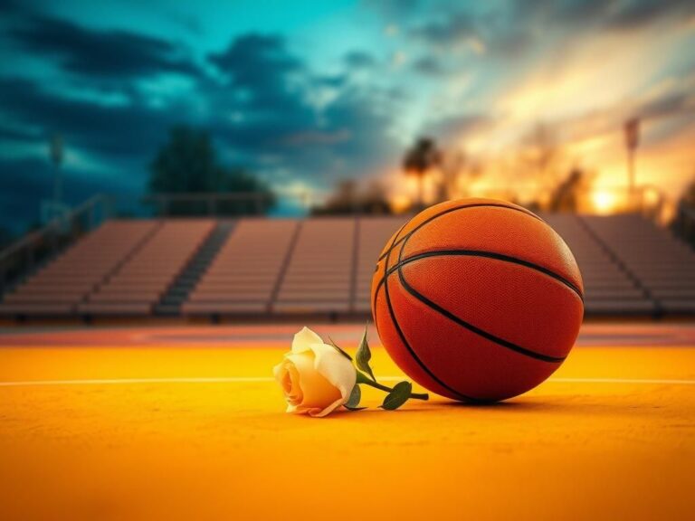 Flick International A basketball court illuminated by soft light with a basketball and a white rose symbolizing resilience