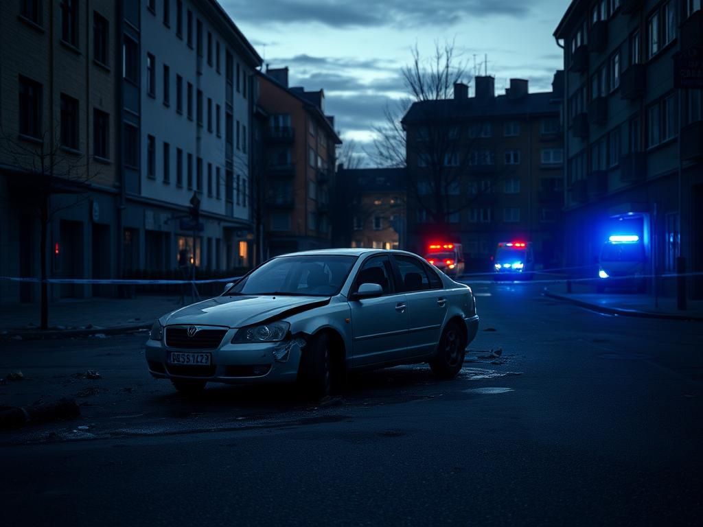 Flick International Dramatic urban scene in Mannheim, Germany, depicting a car ramming aftermath with debris and police tape.