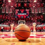 Flick International Basketball court celebration featuring St. John's University colors and confetti