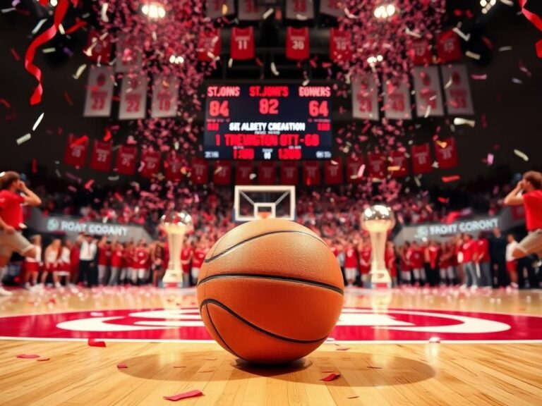 Flick International Basketball court celebration featuring St. John's University colors and confetti