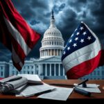 Flick International U.S. Capitol building under stormy skies with an American flag and tariffs documents