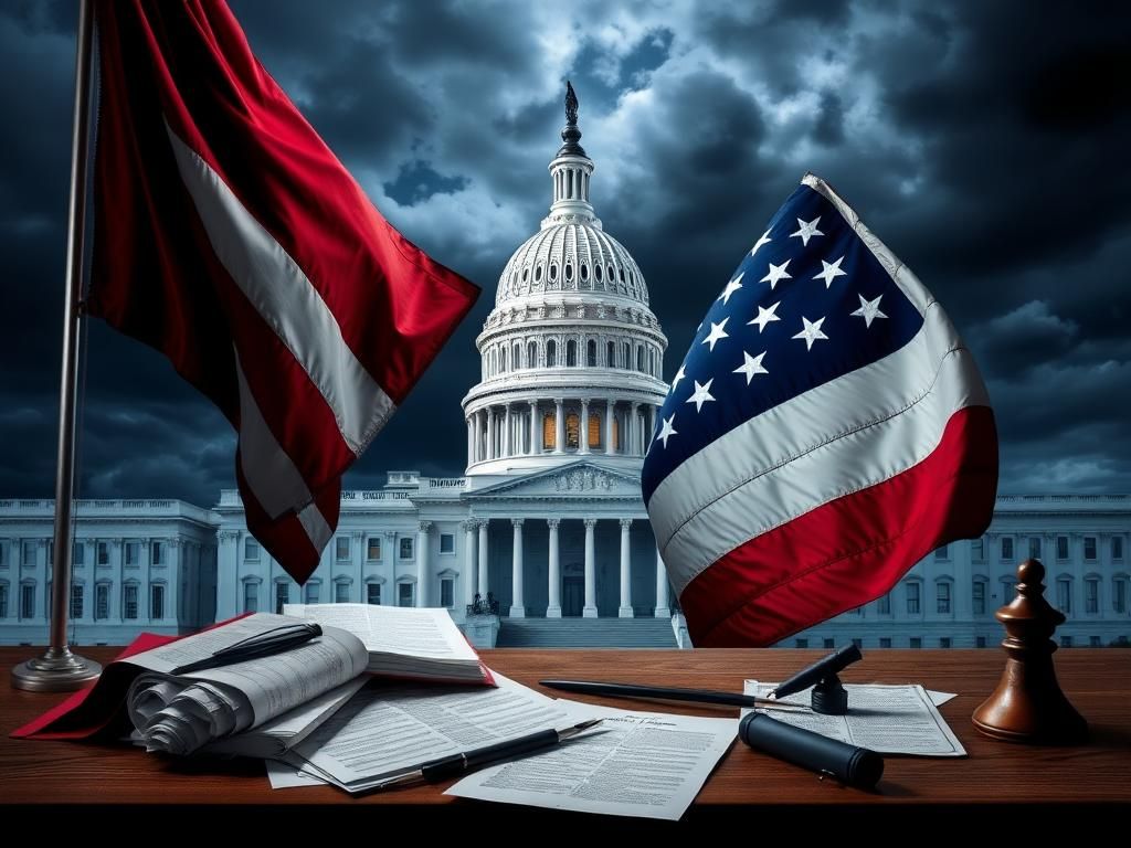 Flick International U.S. Capitol building under stormy skies with an American flag and tariffs documents