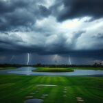 Flick International Dark storm clouds loom over the 17th hole at TPC Sawgrass during The Players Championship.