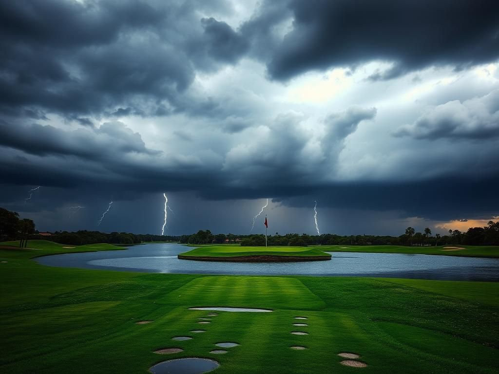 Flick International Dark storm clouds loom over the 17th hole at TPC Sawgrass during The Players Championship.