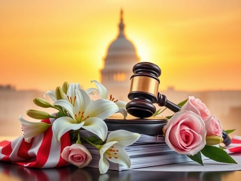 Flick International A gavel with an American flag and legislative documents surrounded by white lilies and pink roses