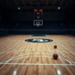 Flick International Dramatic basketball court scene showing a tense moment in a college game with a scoreboard reading 65-66.