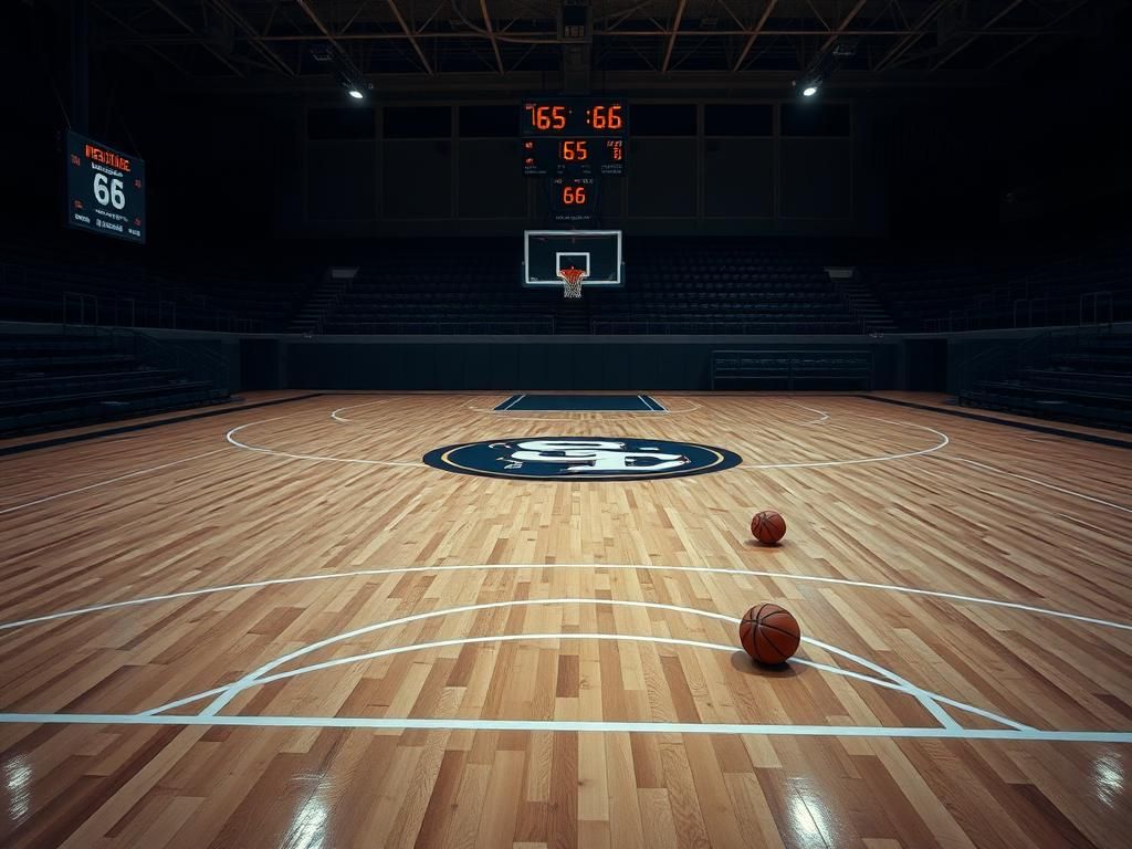 Flick International Dramatic basketball court scene showing a tense moment in a college game with a scoreboard reading 65-66.