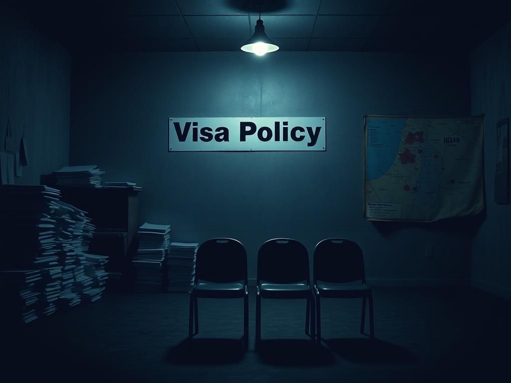 Flick International A stark, dimly lit immigration office with a prominent 'Visa Policy' sign