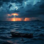 Flick International Dramatic scene of turbulent Red Sea waters at dusk with an abandoned fishing vessel symbolizing conflict