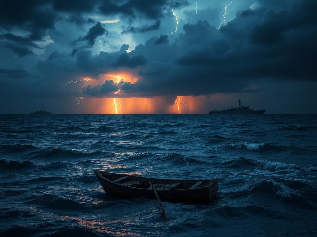 Flick International Dramatic scene of turbulent Red Sea waters at dusk with an abandoned fishing vessel symbolizing conflict