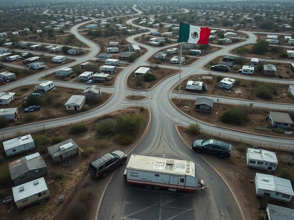 Flick International Aerial view of Colony Ridge showing abandoned vehicles and empty roads
