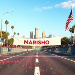 Flick International Vibrant finish line of the LA Marathon with iconic landmarks in the background