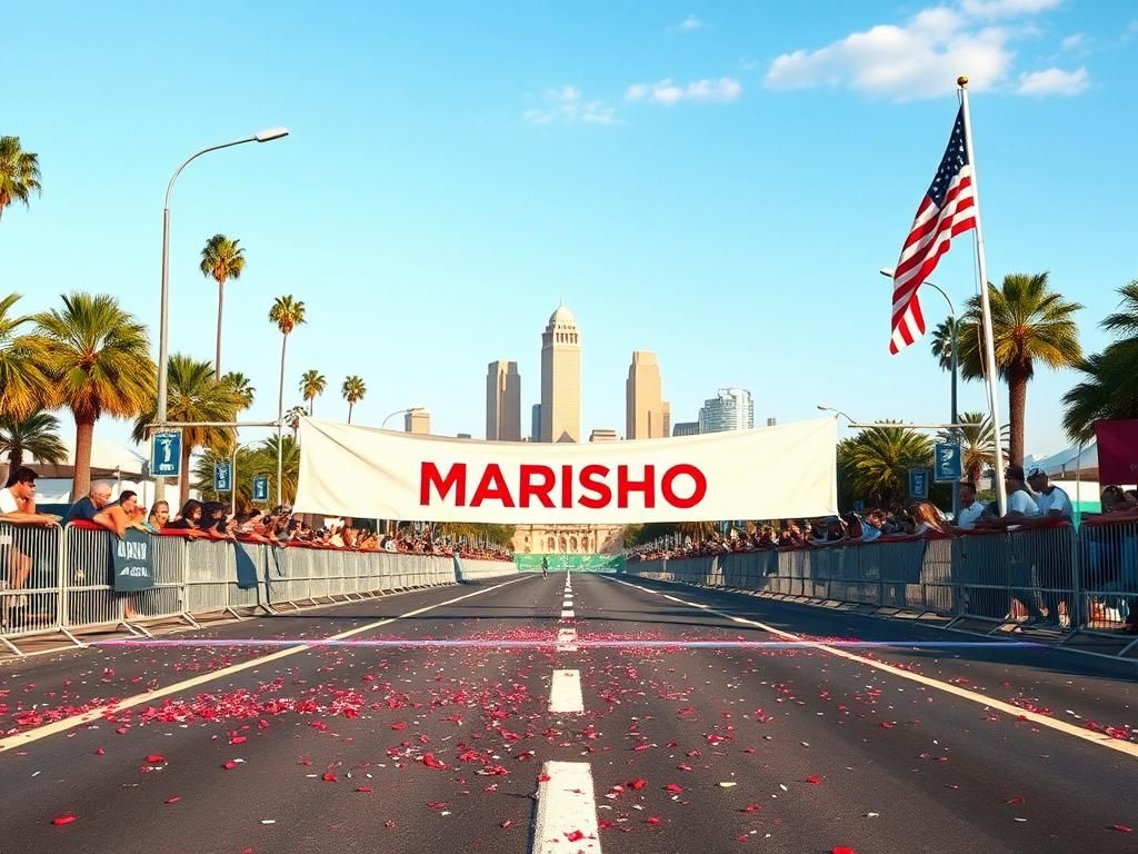 Flick International Vibrant finish line of the LA Marathon with iconic landmarks in the background