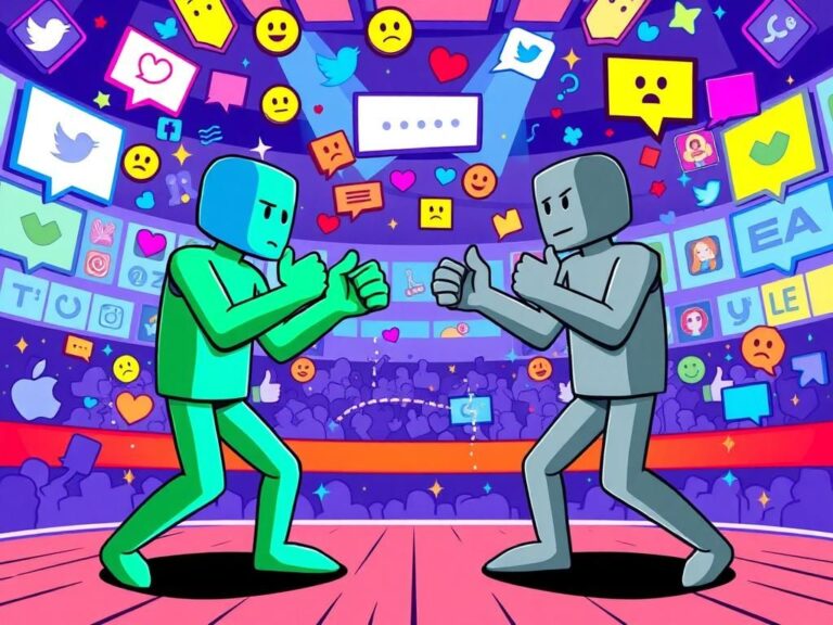 Flick International Dynamic illustration of abstract humanoid figures in fighting positions representing political debate