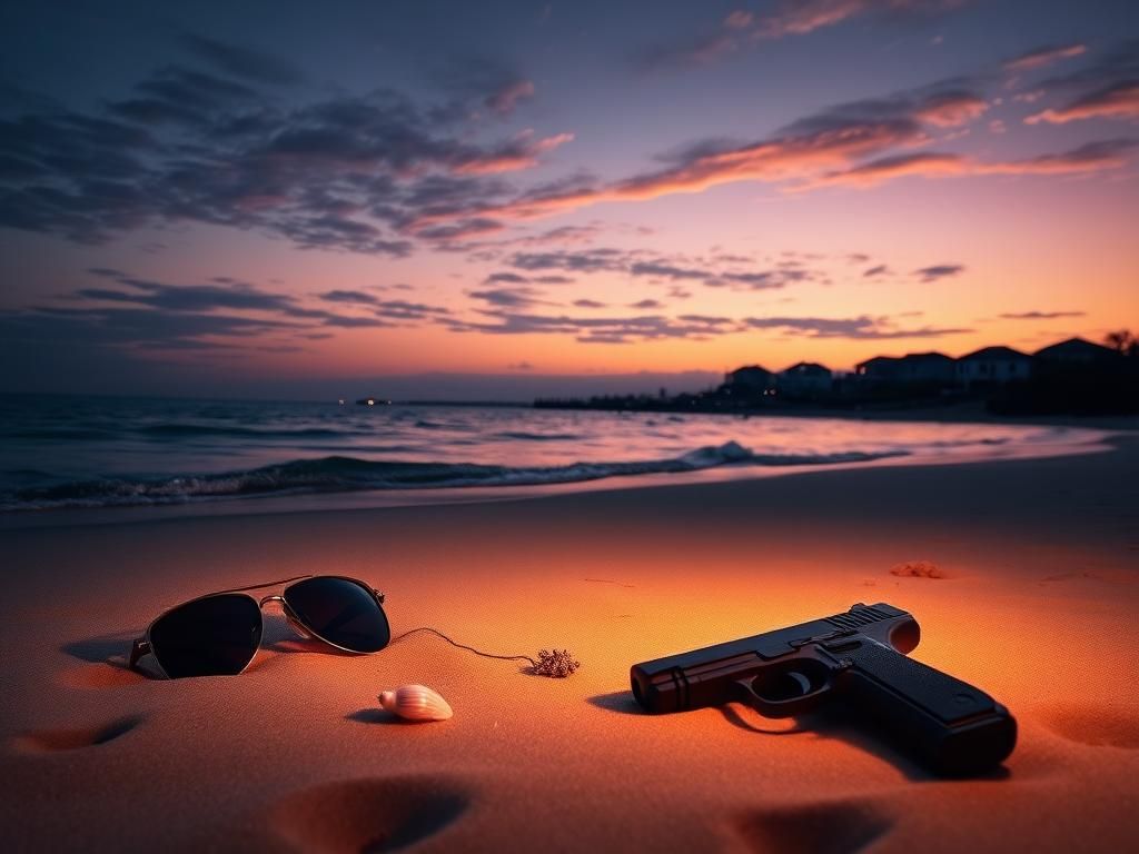 Flick International Serene coastal landscape at twilight with a subtle hint of a handgun in the sand