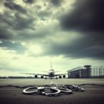 Flick International Empty airport tarmac with a cargo plane in the background and chained handcuffs symbolizing deportation