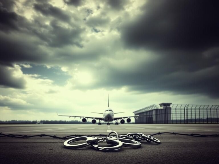 Flick International Empty airport tarmac with a cargo plane in the background and chained handcuffs symbolizing deportation