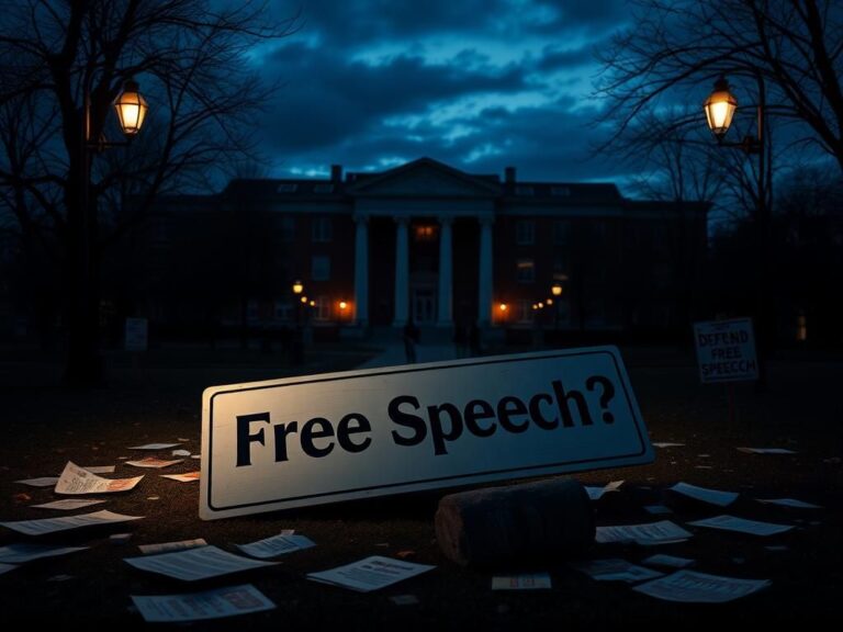 Flick International Empty university campus at twilight highlighting free speech debate