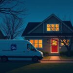 Flick International Delivery van parked in front of a suburban home at dusk, conveying a sense of urgency and care