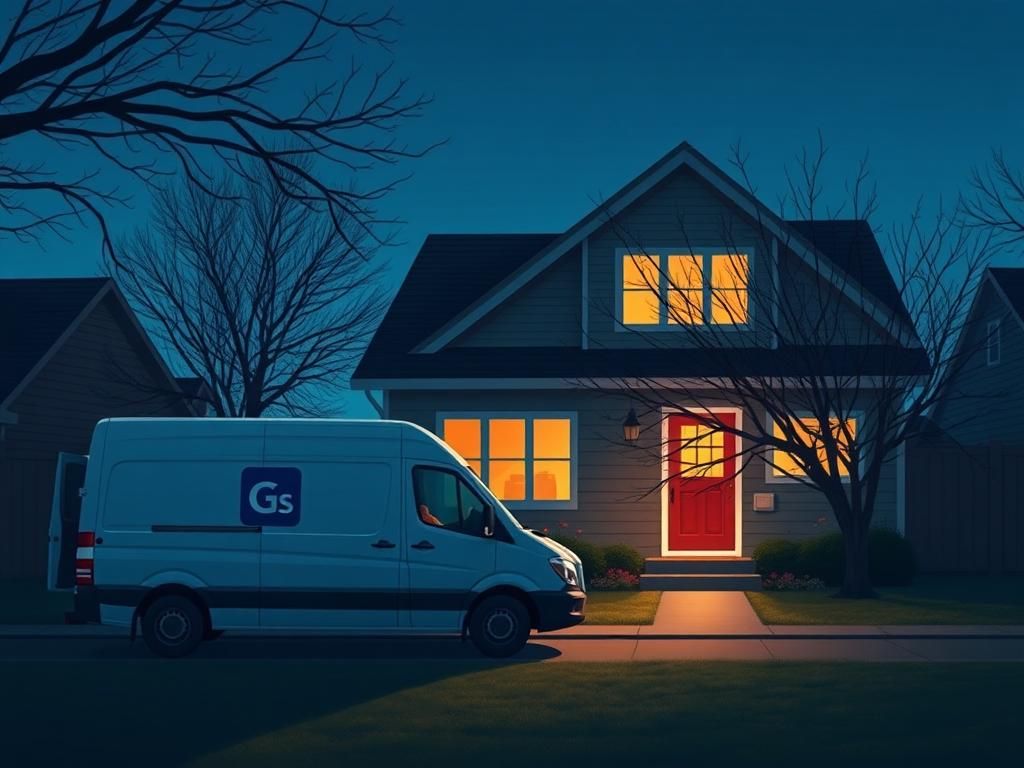 Flick International Delivery van parked in front of a suburban home at dusk, conveying a sense of urgency and care