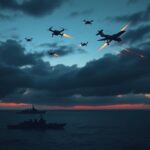 Flick International U.S. Navy warships intercepting Houthi drones at dusk