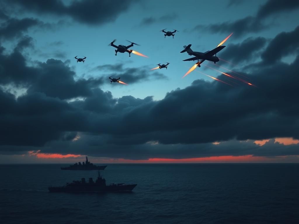 Flick International U.S. Navy warships intercepting Houthi drones at dusk