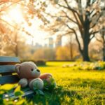 Flick International Serene park scene in New Haven, Connecticut, with a teddy bear symbolizing hope and reunion.