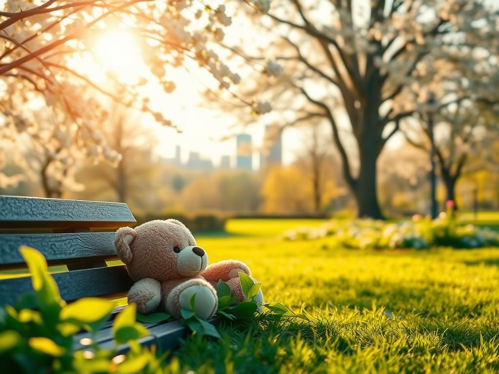 Flick International Serene park scene in New Haven, Connecticut, with a teddy bear symbolizing hope and reunion.