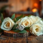 Flick International Close-up view of a sparkling diamond engagement ring with white roses and green leaves on a rustic wooden table