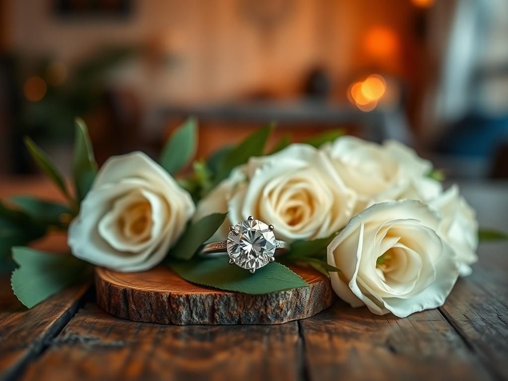 Flick International Close-up view of a sparkling diamond engagement ring with white roses and green leaves on a rustic wooden table