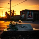 Flick International A pair of white roses on a stone monument engraved with the name 'Selena', symbolizing legacy and loss