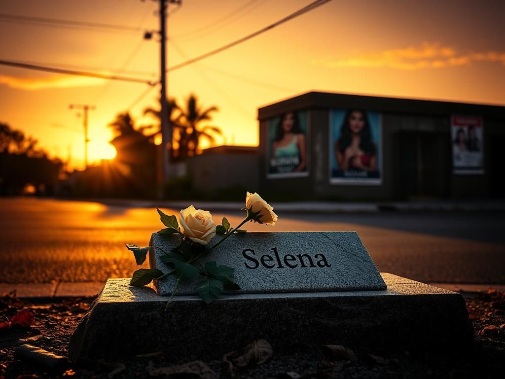 Flick International A pair of white roses on a stone monument engraved with the name 'Selena', symbolizing legacy and loss