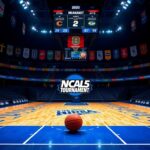 Flick International Vibrant basketball court illuminated in a dark auditorium for the 2025 NCAA Tournament