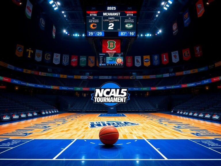 Flick International Vibrant basketball court illuminated in a dark auditorium for the 2025 NCAA Tournament