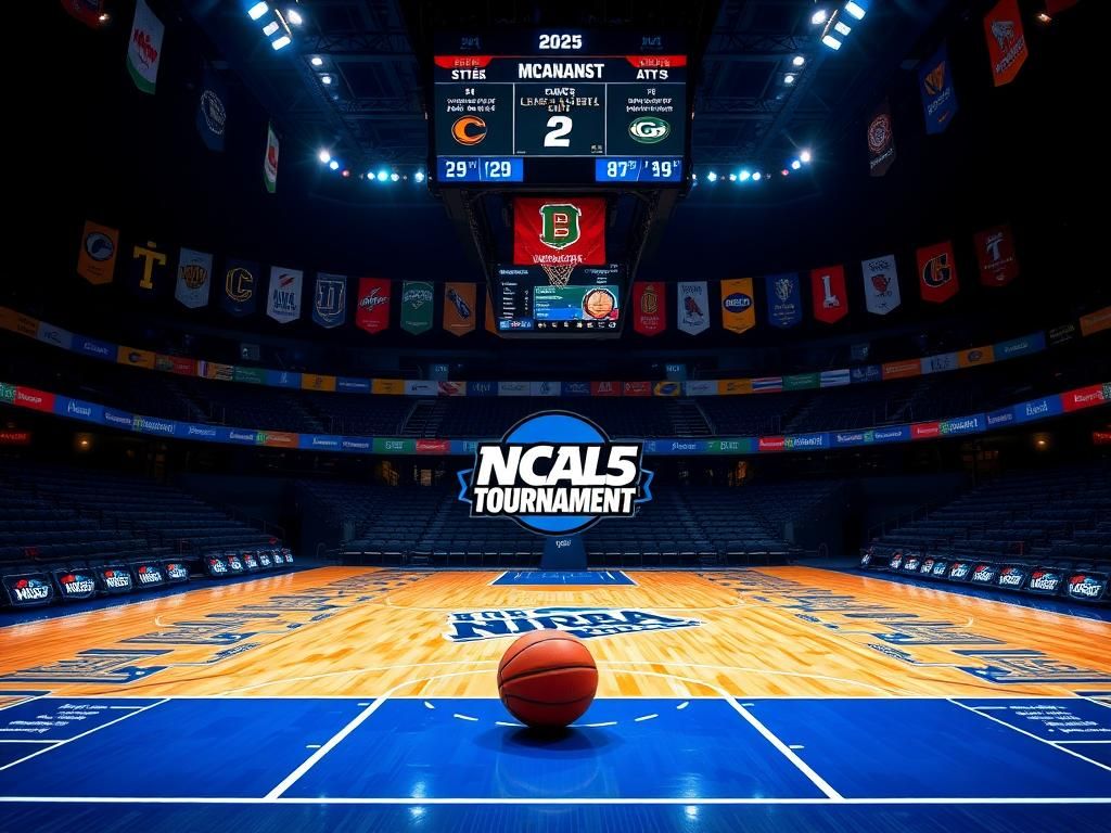 Flick International Vibrant basketball court illuminated in a dark auditorium for the 2025 NCAA Tournament