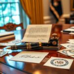 Flick International Close-up of a polished wooden desk featuring an ornate autopen machine used for signing documents